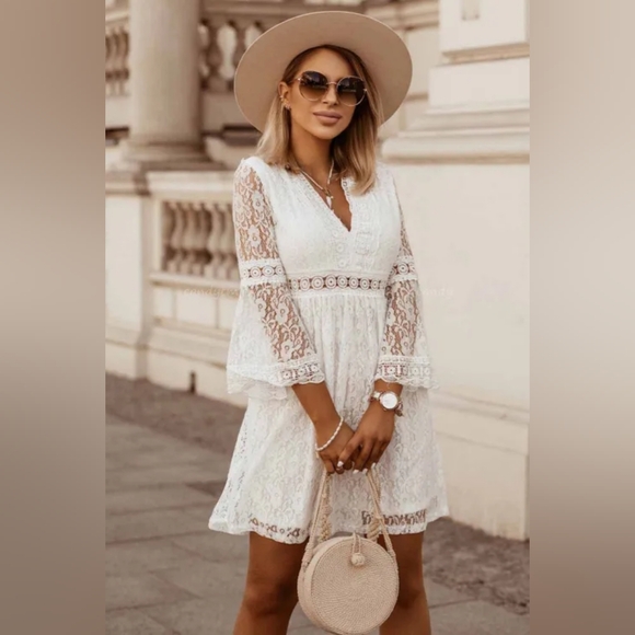 LAST ONE! Boho White Lace V Neck Mini Dress - Picture 3 of 4